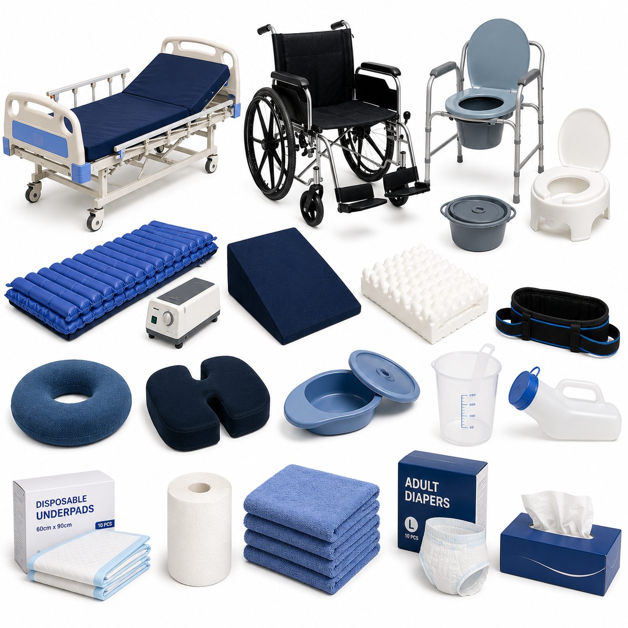Patient Care Products – Wheelchairs, Hospital Beds, Commode Chairs, Bedpans, Underpads, Cushions & Daily Care Essentials
